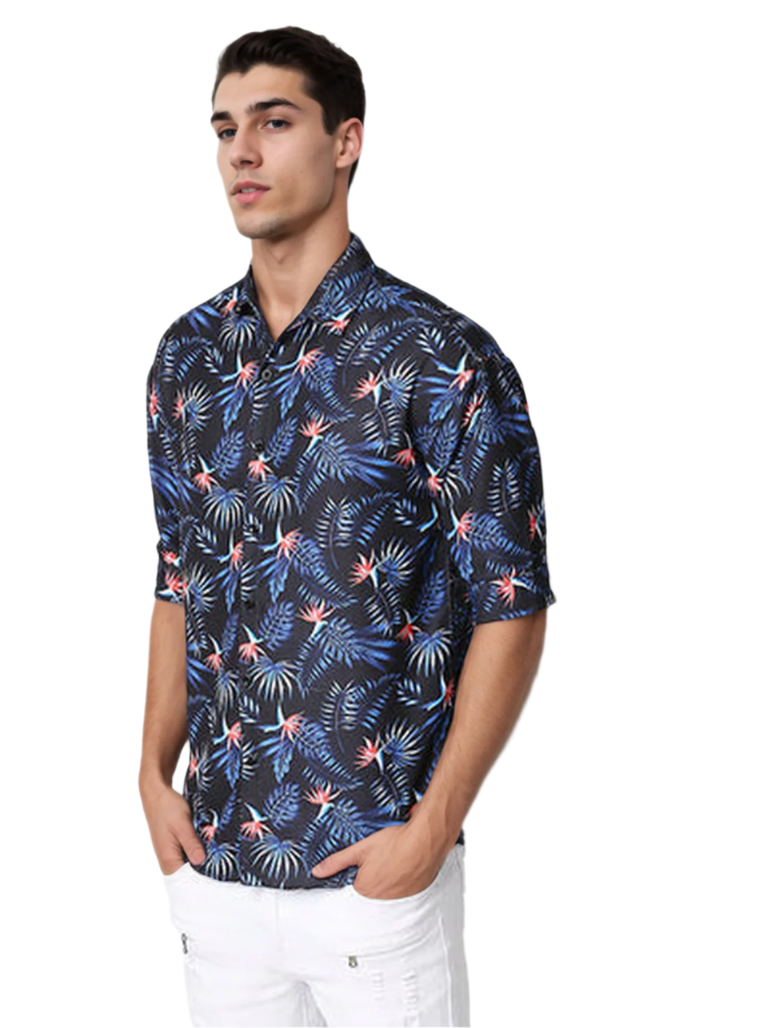 Blue Floral Print Half Sleeve Relaxed Shirt