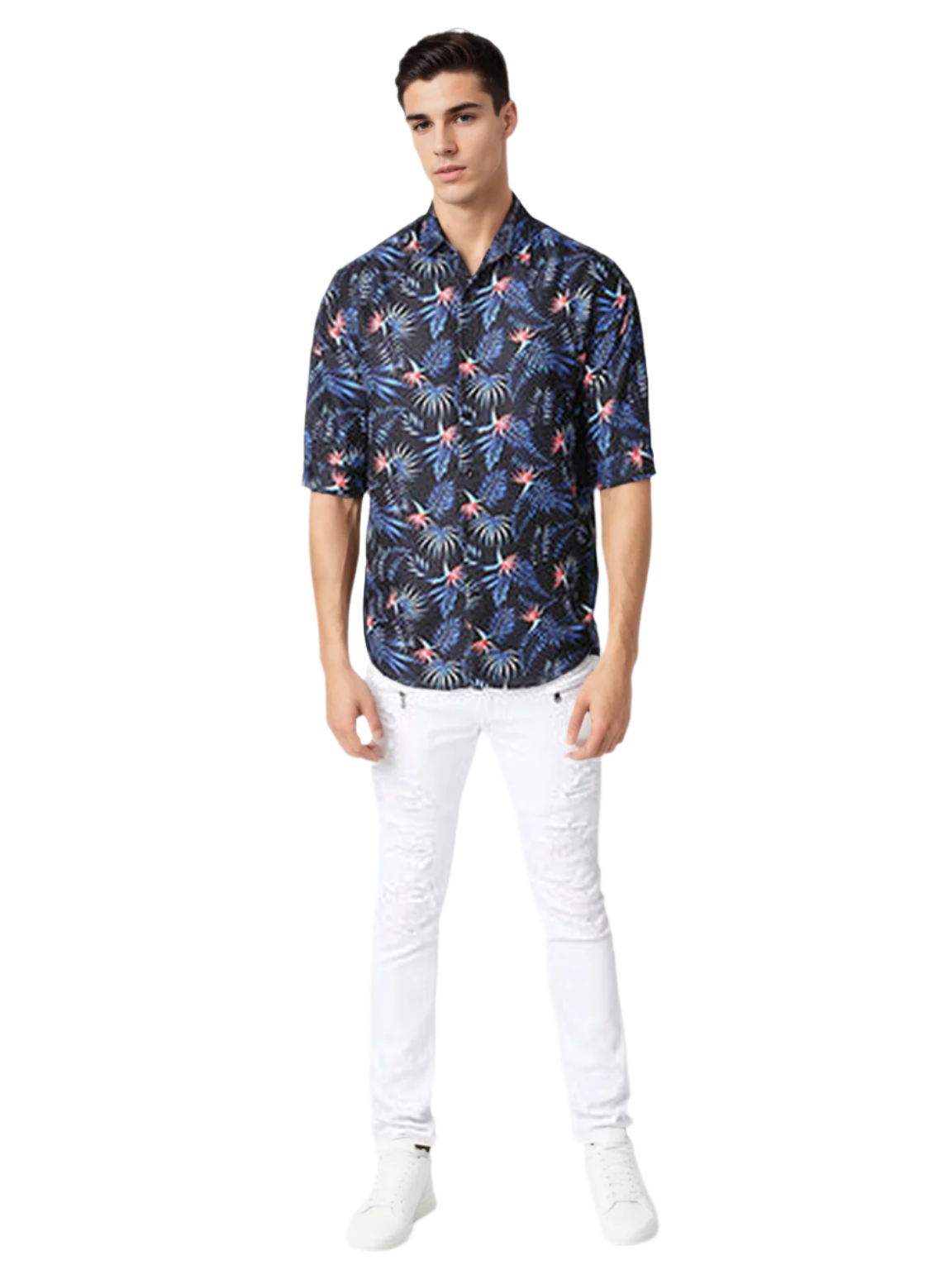 Blue Floral Print Half Sleeve Relaxed Shirt