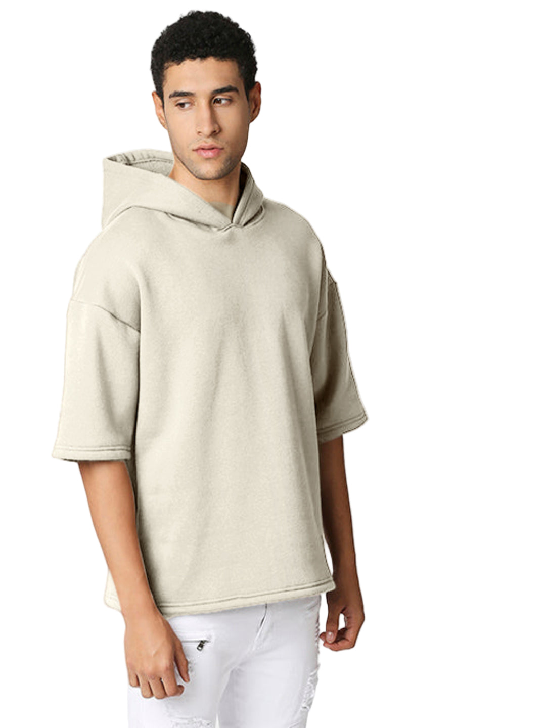 Cream Half Sleeve Relaxed Fit Hoodie