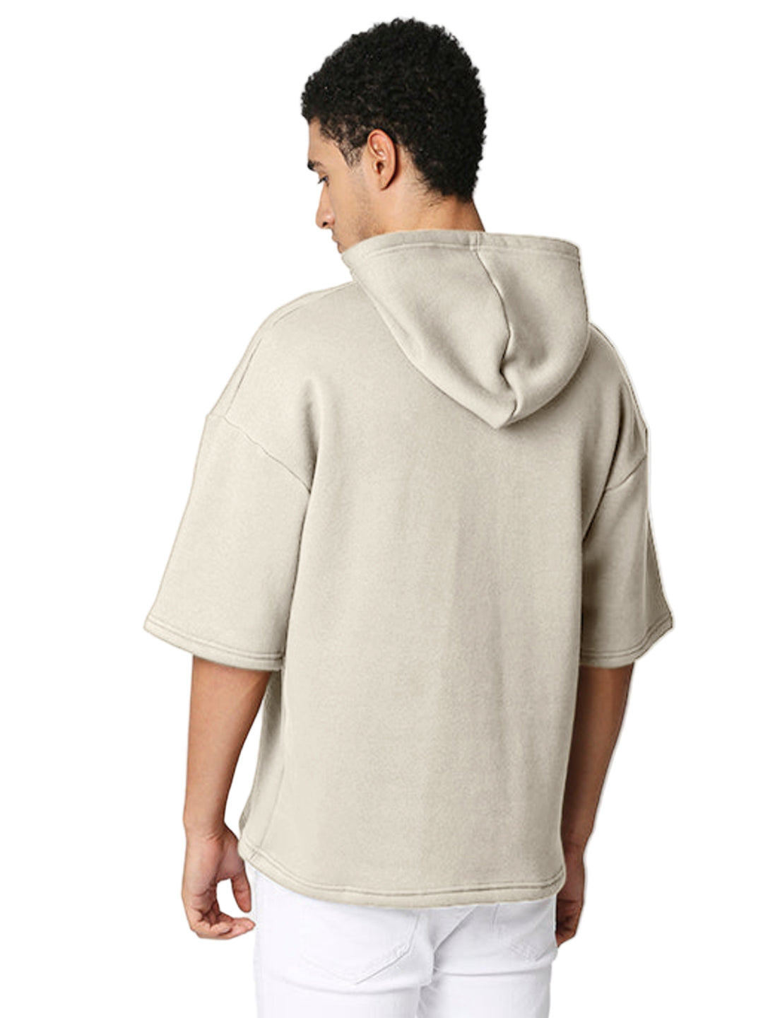 Cream Half Sleeve Relaxed Fit Hoodie
