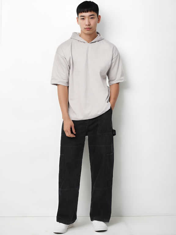 Ash Grey Half Sleeve Relaxed Fit Hoodie For Men