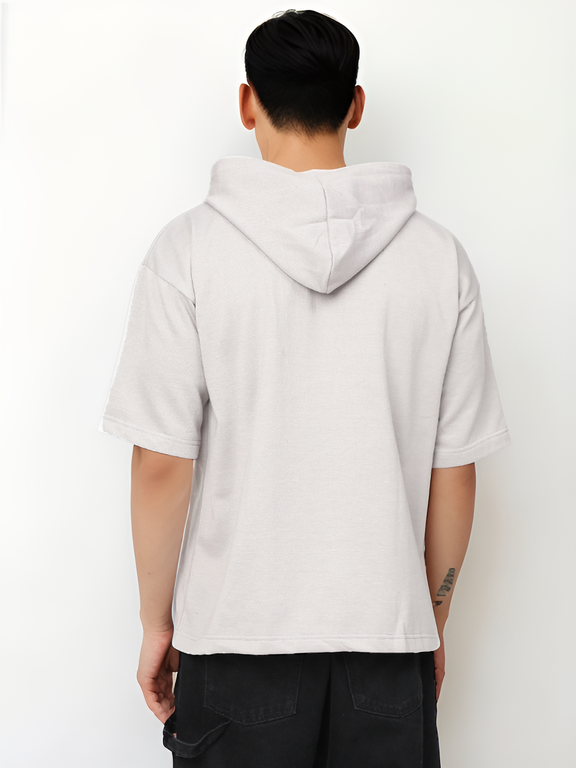 Ash Grey Half Sleeve Relaxed Fit Hoodie For Men