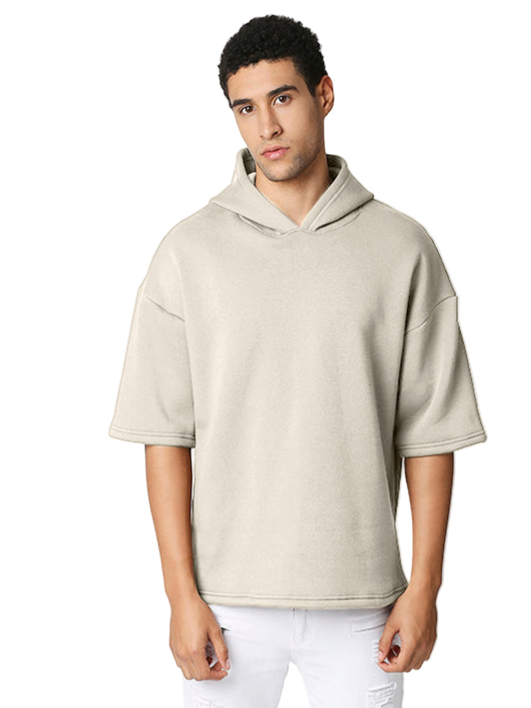 Cream Half Sleeve Relaxed Fit Hoodie