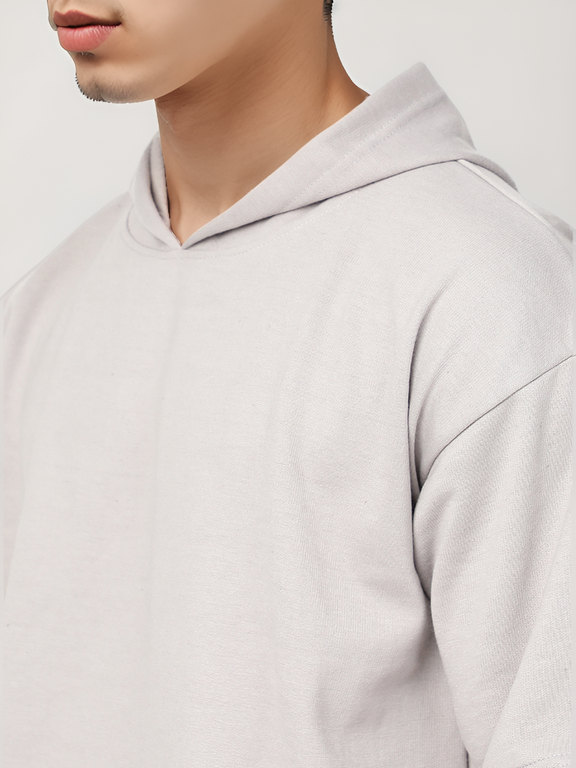 Ash Grey Half Sleeve Relaxed Fit Hoodie For Men