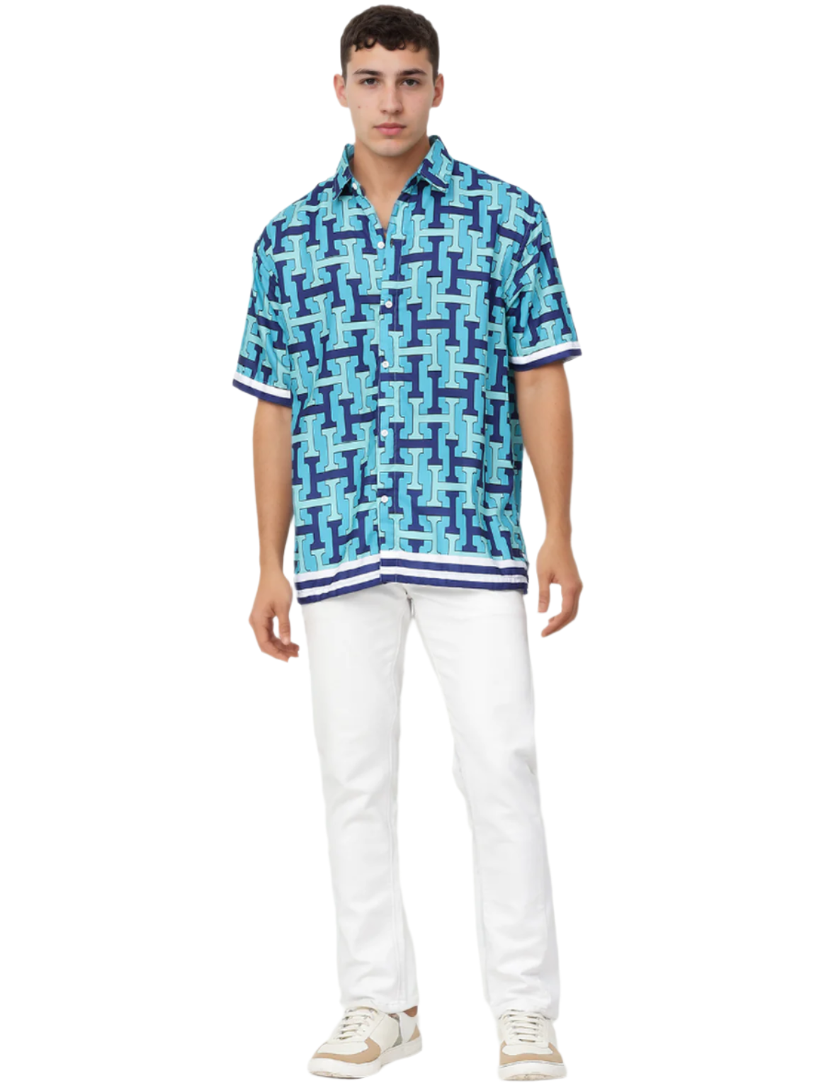 Aqua Blue Printed Half Sleeve Relaxed Shirt