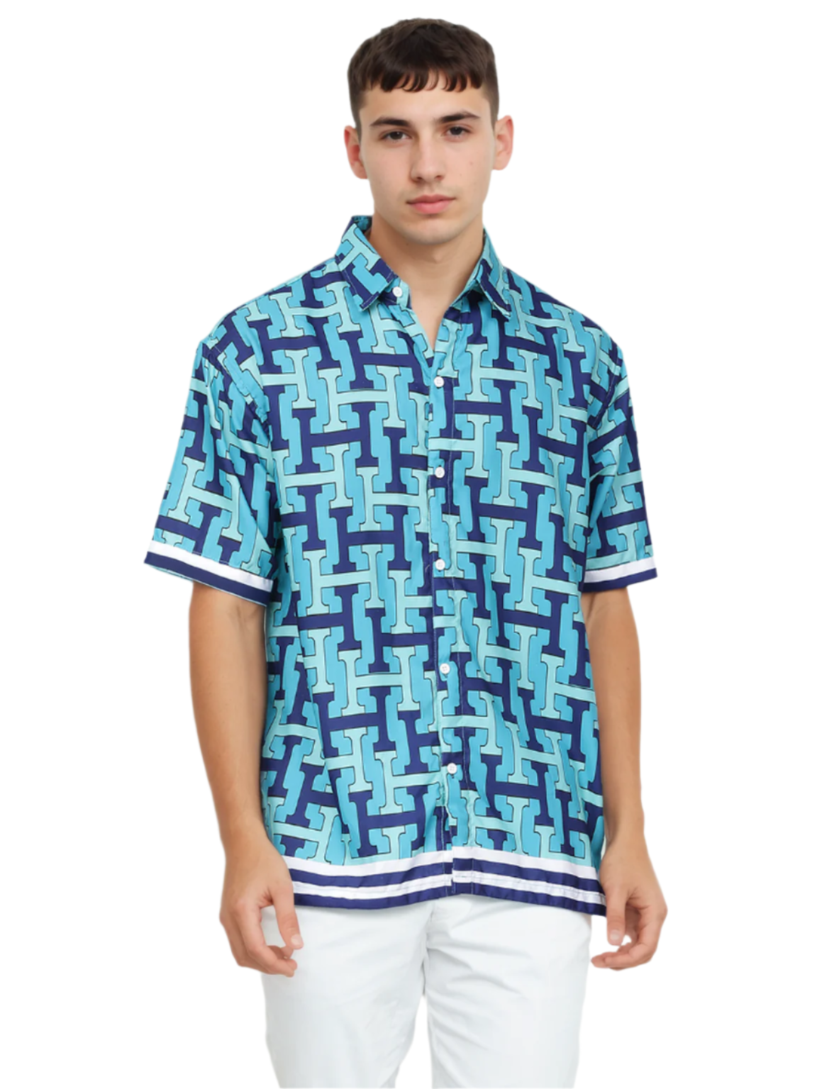 Aqua Blue Printed Half Sleeve Relaxed Shirt