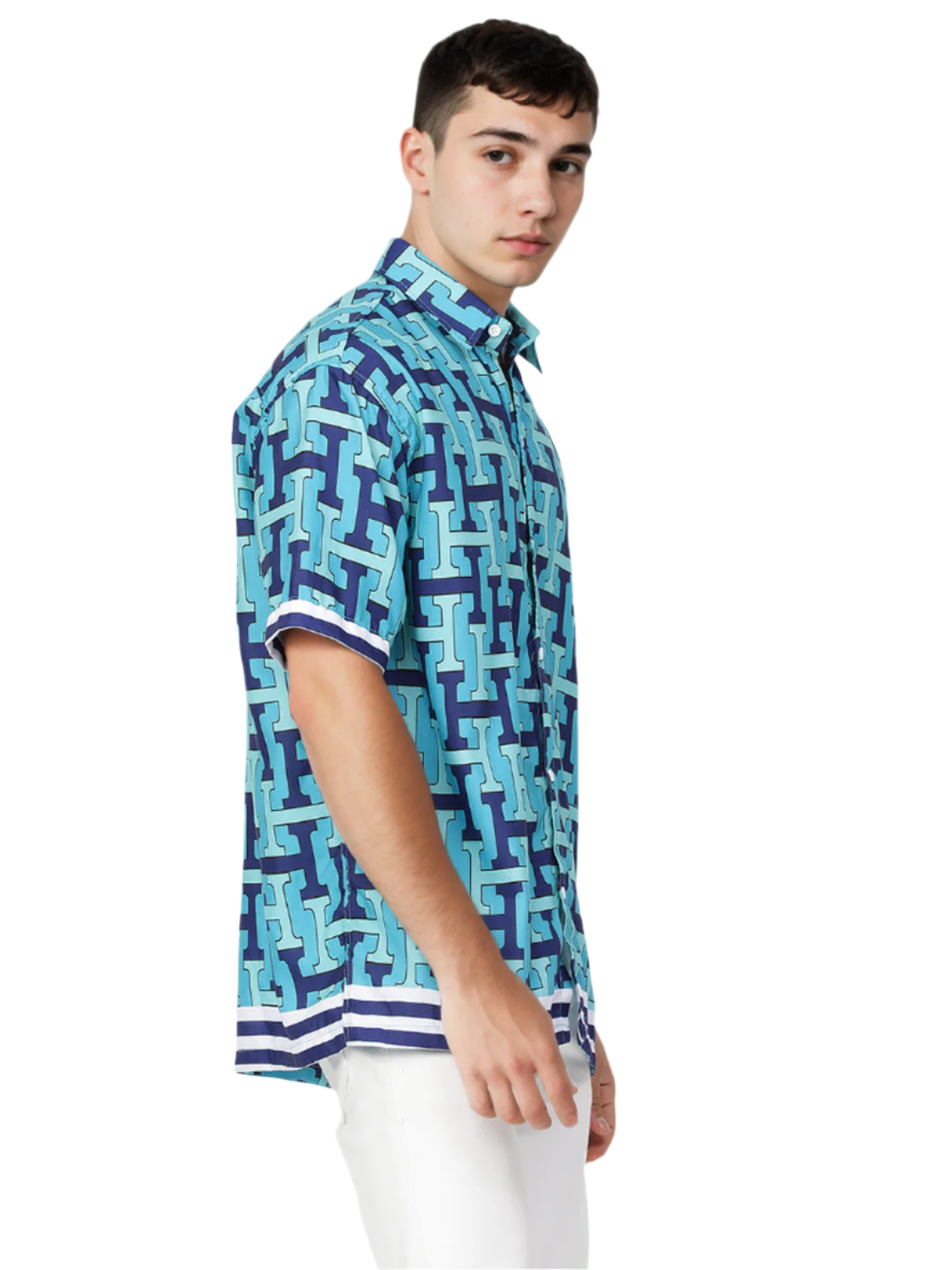 Aqua Blue Printed Half Sleeve Relaxed Shirt