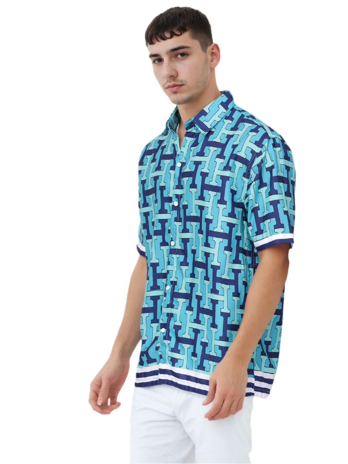 Aqua Blue Printed Half Sleeve Relaxed Shirt