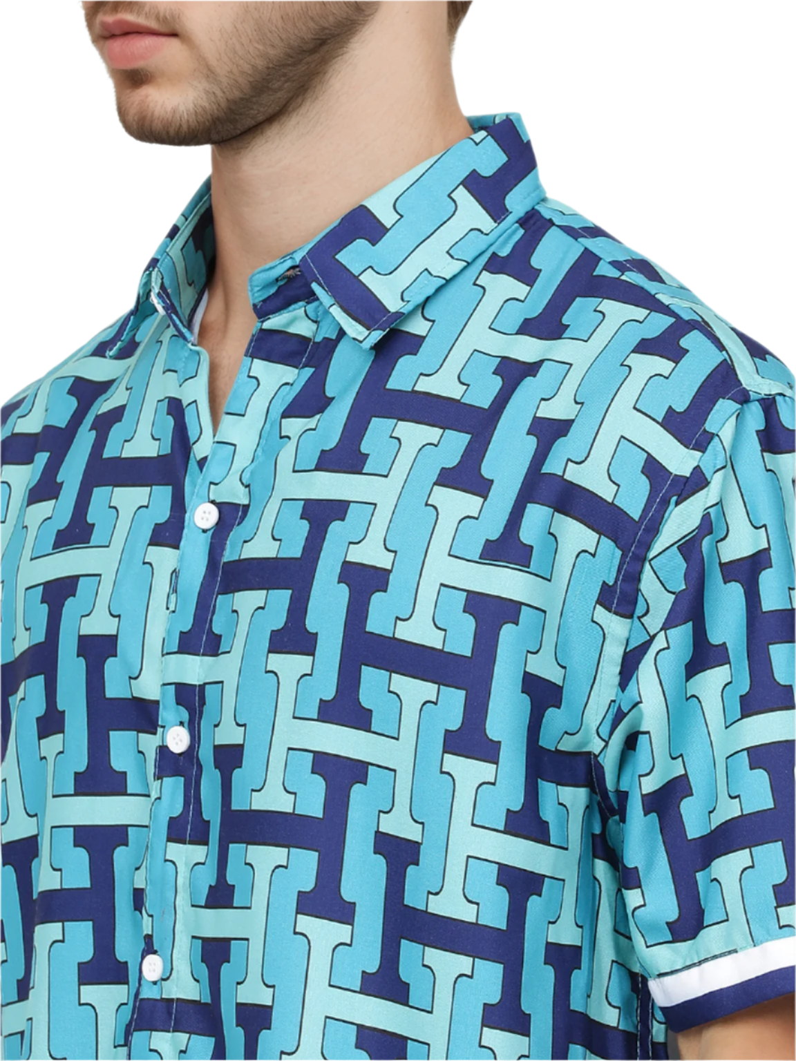 Aqua Blue Printed Half Sleeve Relaxed Shirt