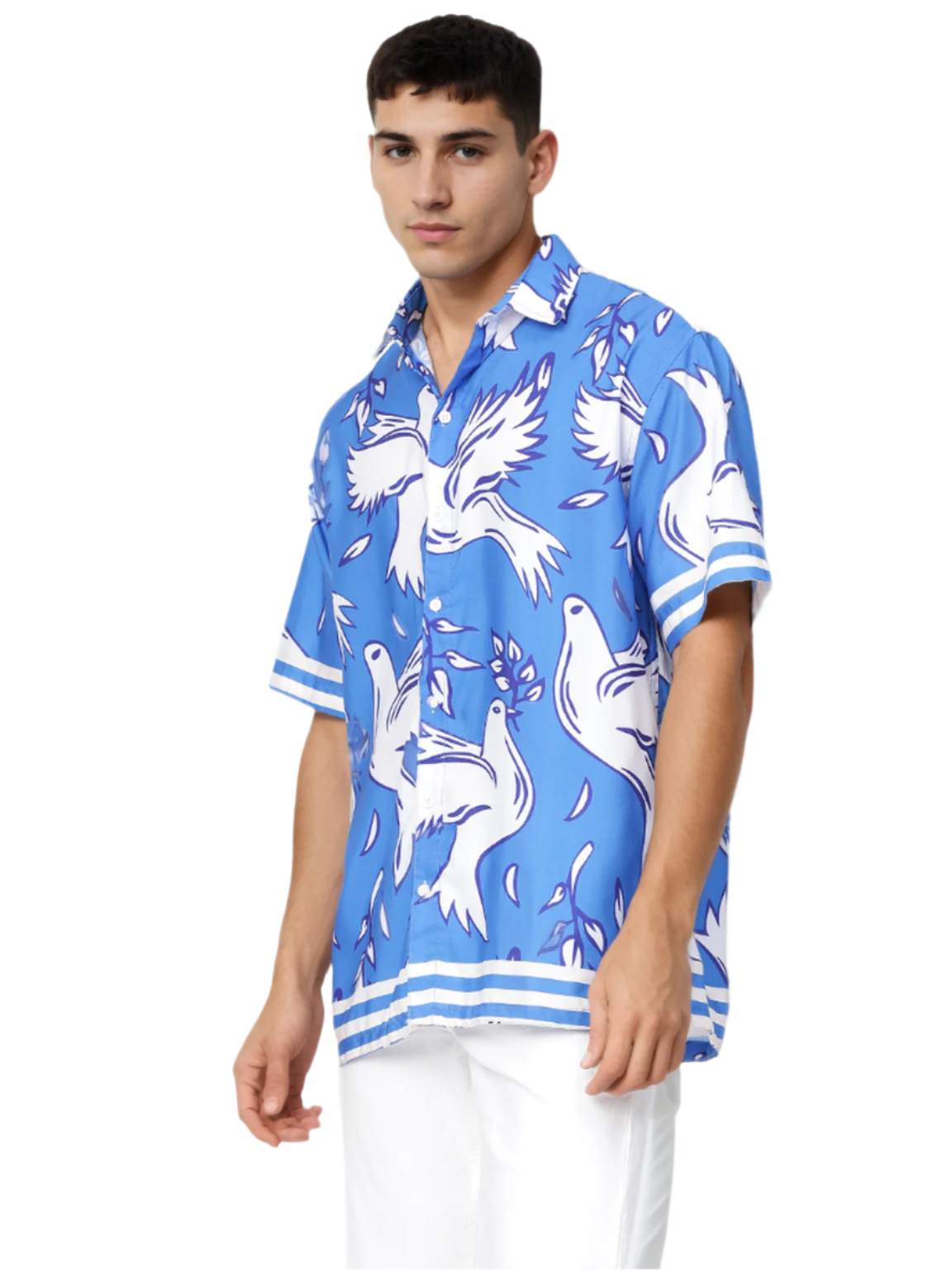 Bird Print Half Sleeve Relaxed Blue Shirt