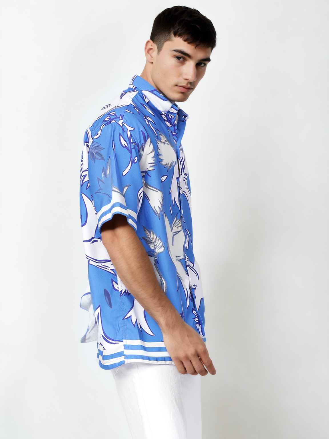 Bird Print Half Sleeve Relaxed Blue Shirt
