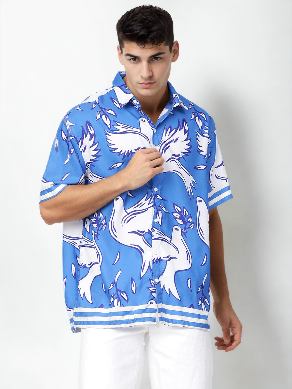 Bird Print Half Sleeve Relaxed Blue Shirt