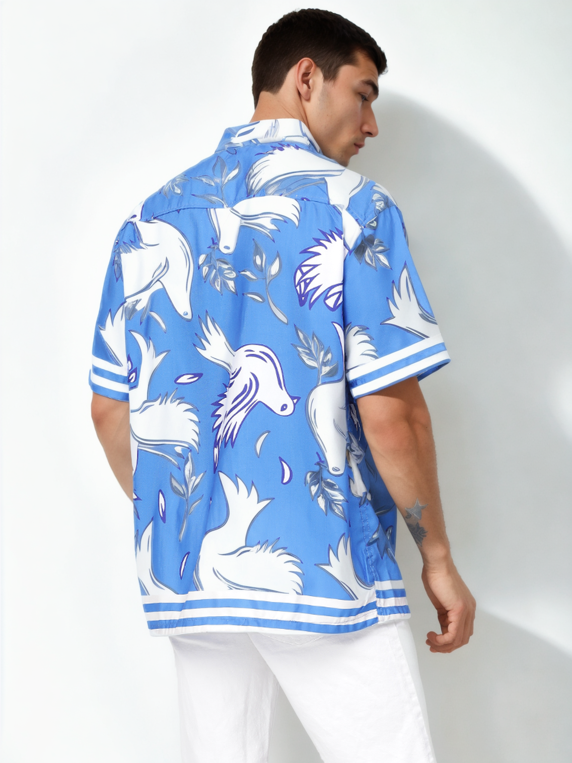 Bird Print Half Sleeve Relaxed Blue Shirt
