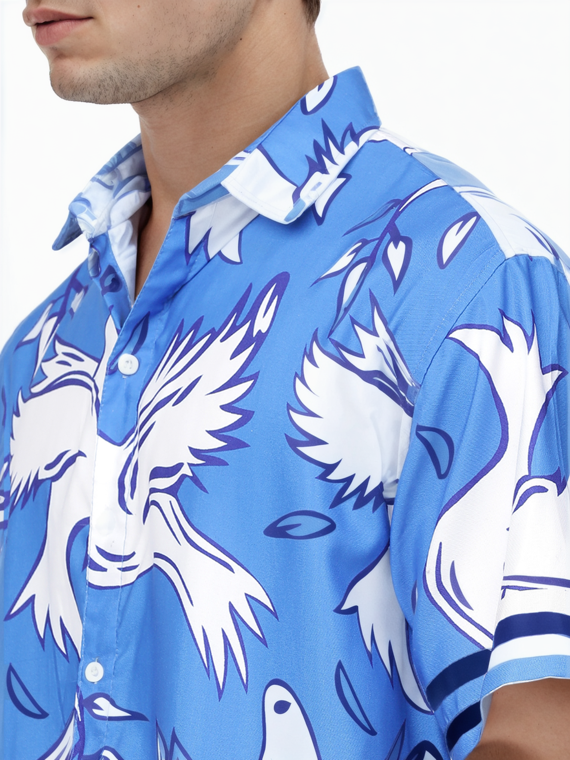Bird Print Half Sleeve Relaxed Blue Shirt