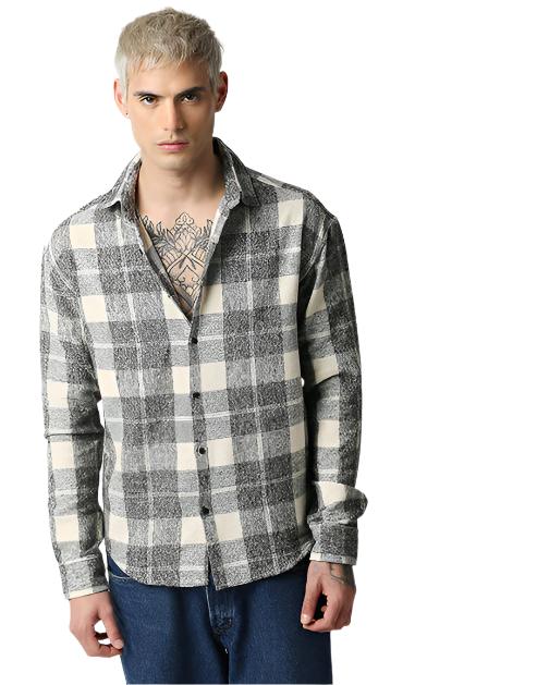 Cream And Grey Relaxed Fit Checkered Shirt