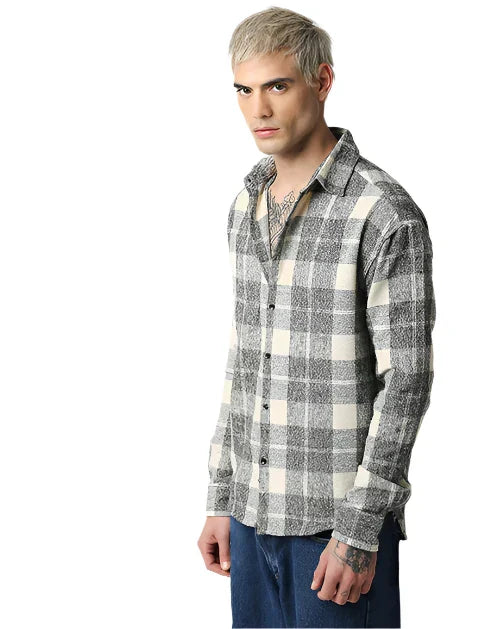 Cream And Grey Relaxed Fit Checkered Shirt
