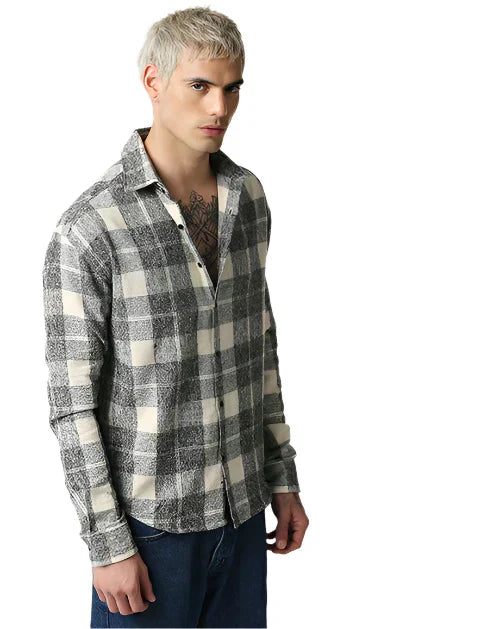 Cream And Grey Relaxed Fit Checkered Shirt