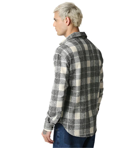 Cream And Grey Relaxed Fit Checkered Shirt