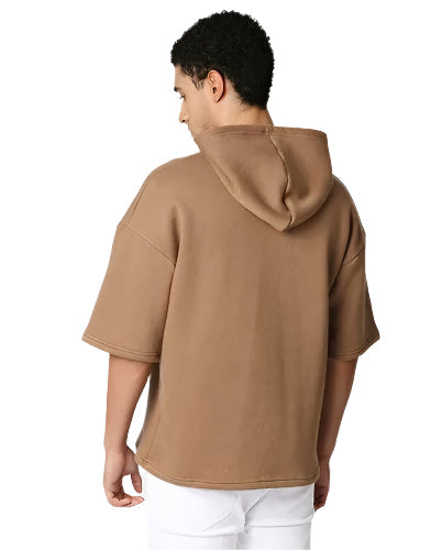 Brown Half Sleeve Relaxed Fit Hoodie