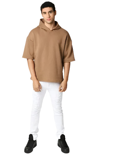 Brown Half Sleeve Relaxed Fit Hoodie