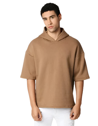 Brown Half Sleeve Relaxed Fit Hoodie