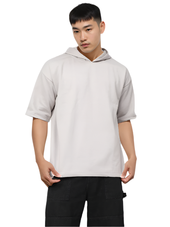 Ash Grey Half Sleeve Relaxed Fit Hoodie For Men